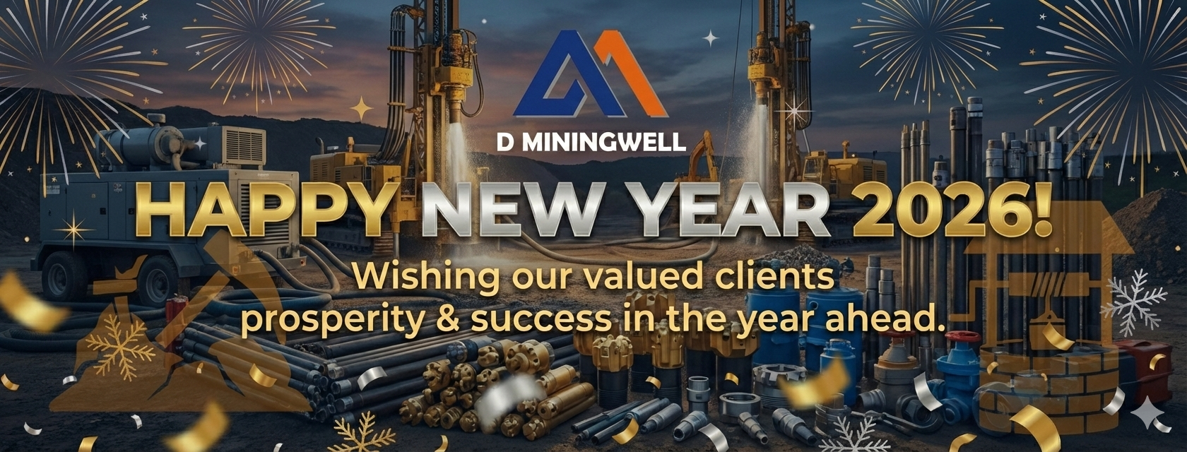 D MININGWELL 2026 Happy New Year Poster - High-Quality Drilling Tools and Machinery.